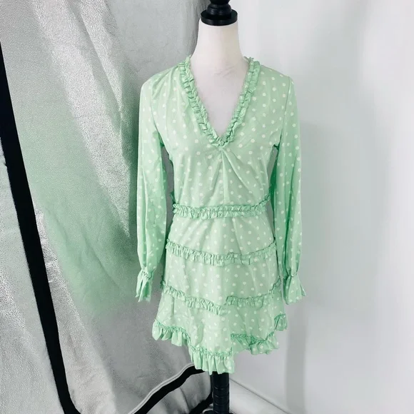 Green Polka Dot Long Sleeve V-Neck Open Back Backless Mini Dress - Picture 7 of 11